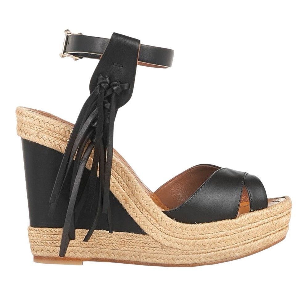 VALENTINO GARAVANI Fringed Leather Espadrille Wedge  - Black - Size 10